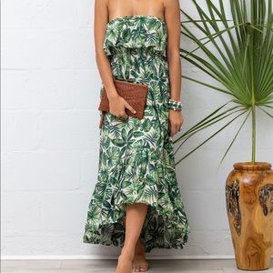 Strapless Palm Print High Low Dress
